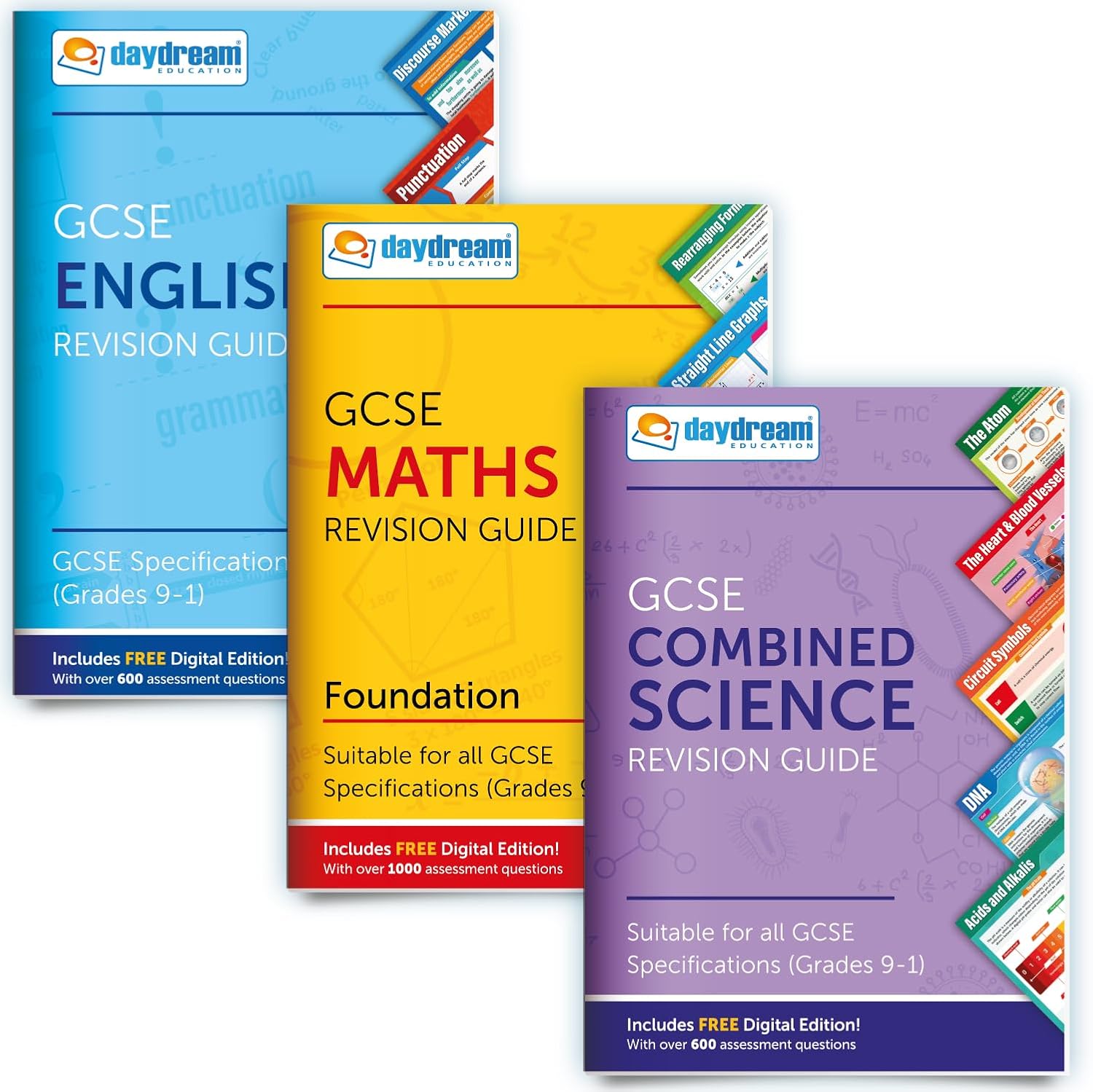 Daydream Education GCSE English, Maths (Foundation) & Science Revision Guide Pack, FREE Digital Editions with Over 2,000 Assessment Questions! – for 2026-2027 exams (Pack of 3)
