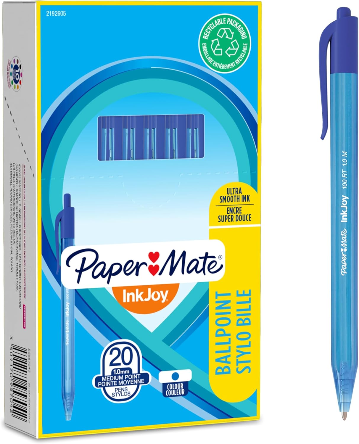 Paper Mate InkJoy 100RT Retractable Ballpoint Pens | Medium Point (1.0mm) | Blue | 20 Count