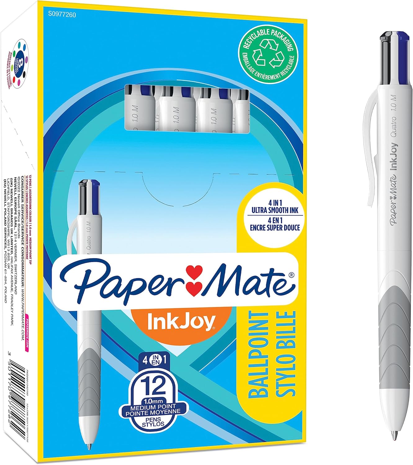 Paper Mate InkJoy Quatro 4-Colour Ballpoint Pen | Business Colours | Medium Point (1.0 mm) | 12 Count